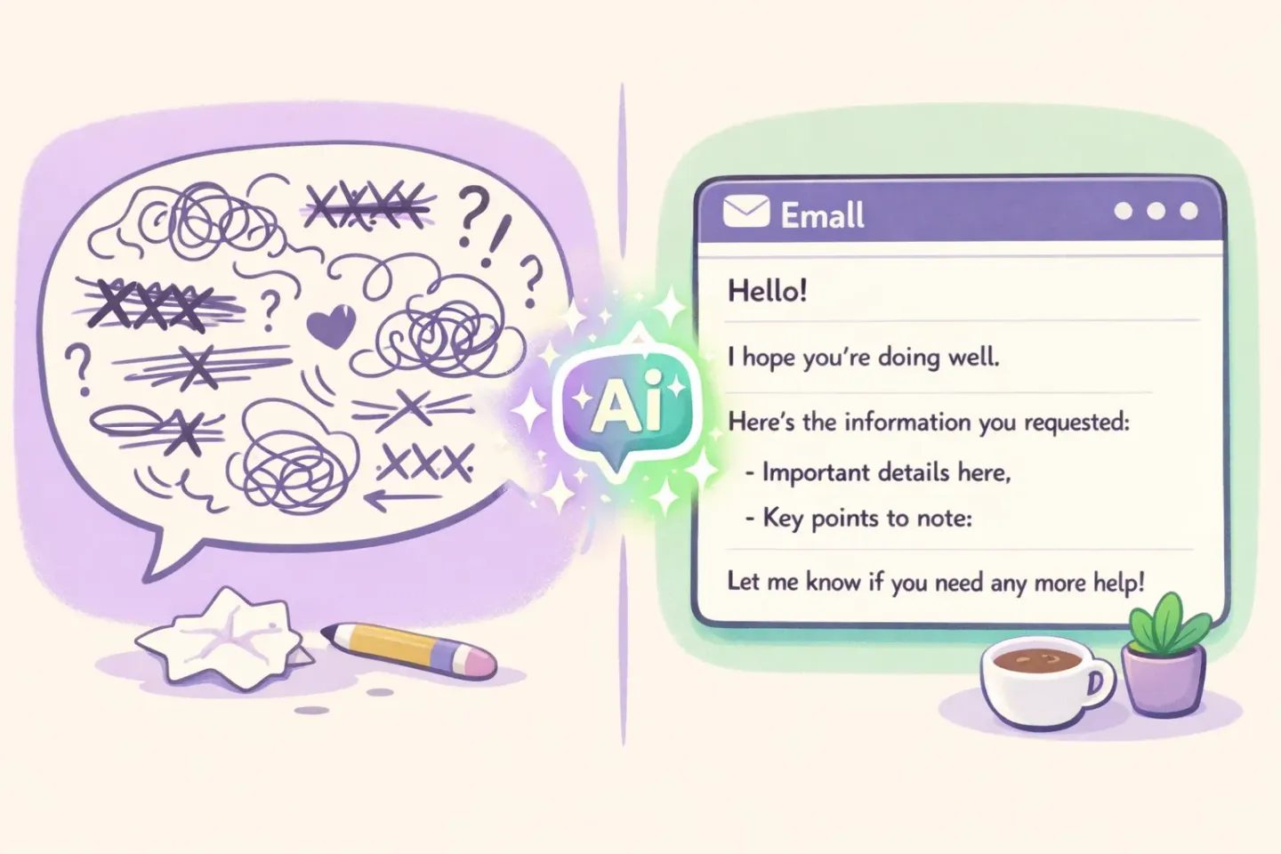 A messy speech bubble on the left being polished by AI into a clean structured email on the right