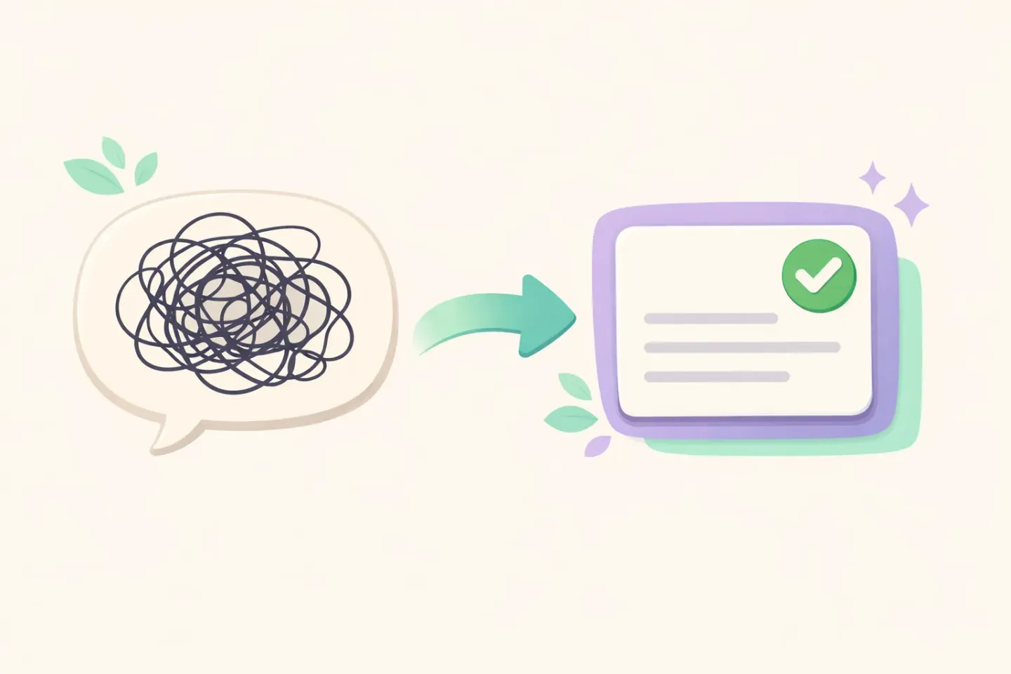 A tangled scribble inside a speech bubble transforming into a clean document with a green checkmark, illustrating how AI polishing turns messy speech into finished text