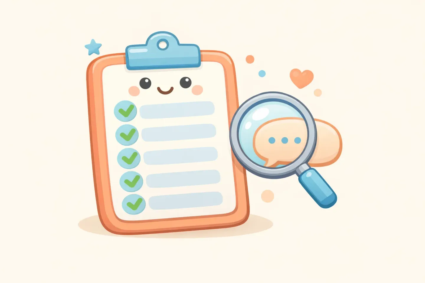 A friendly checklist clipboard with five checked items next to a magnifying glass over a speech bubble, representing a five-step test for whether a dictation app polishes your speech