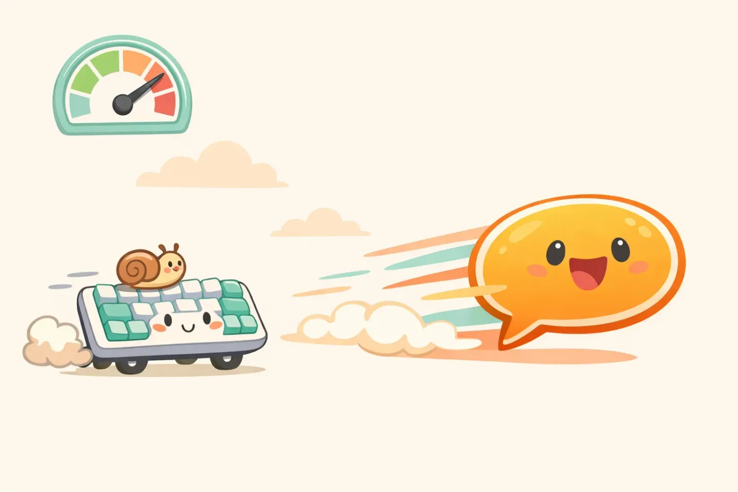 Cartoon race showing a slow keyboard with a snail on it next to a fast voice speech bubble zooming ahead, illustrating that speaking is faster than typing