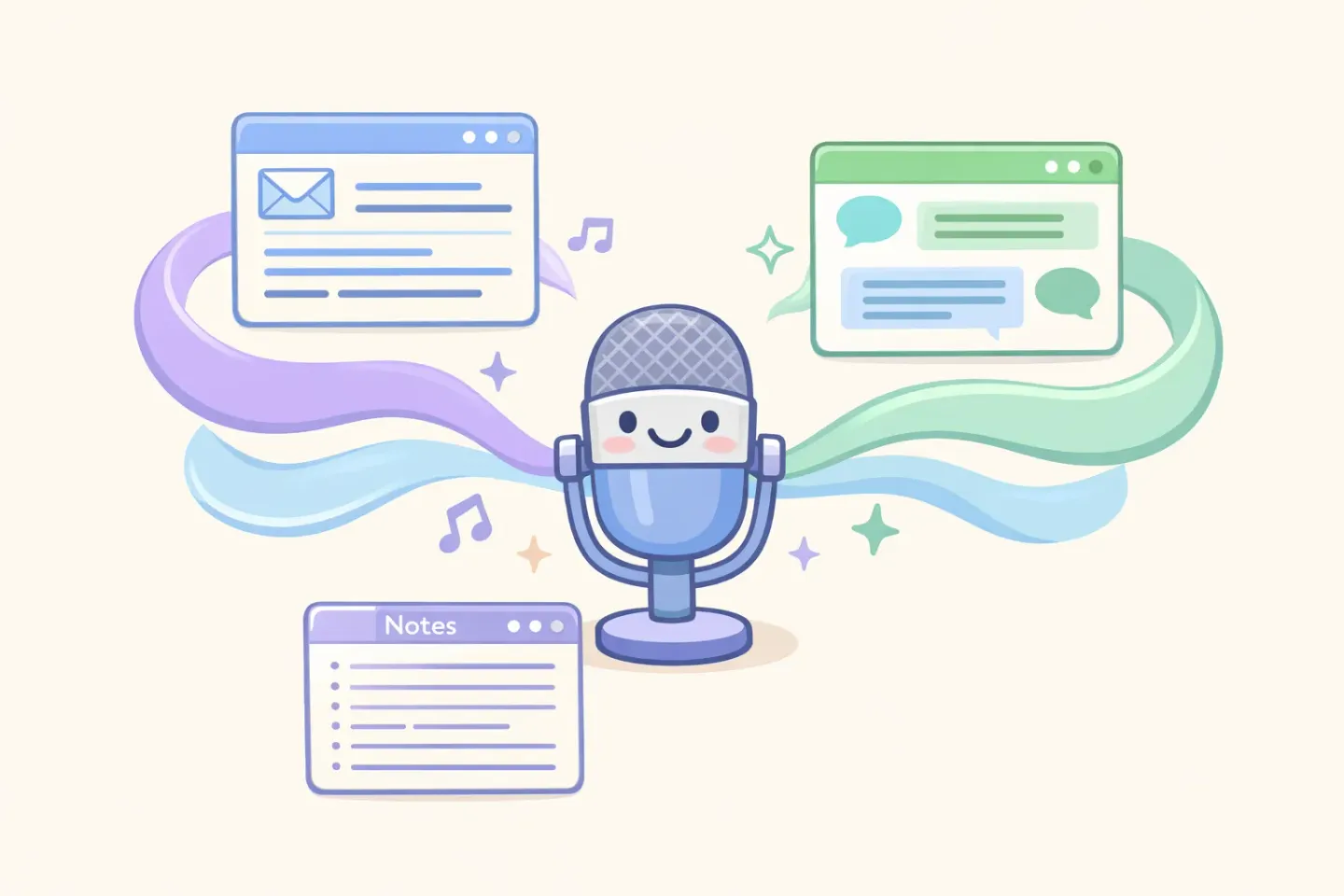 Cartoon of a single microphone sending ribbons of voice into floating email, chat, and notes windows that fill with tidy text