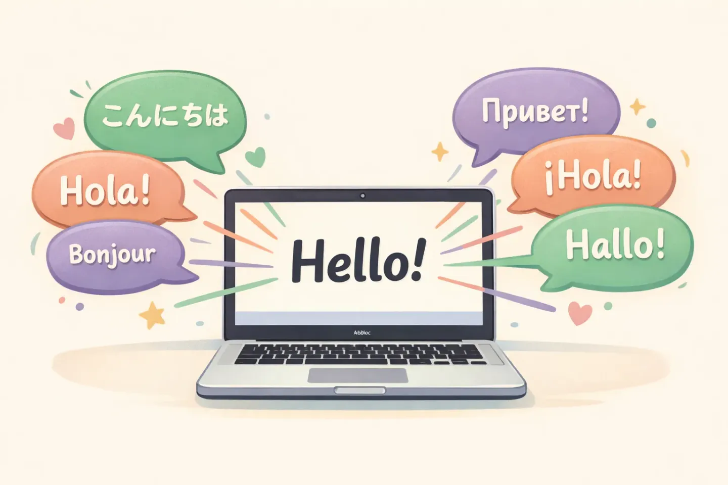 Illustration of multiple speech bubbles in different scripts converging into one clean line of text on a Mac