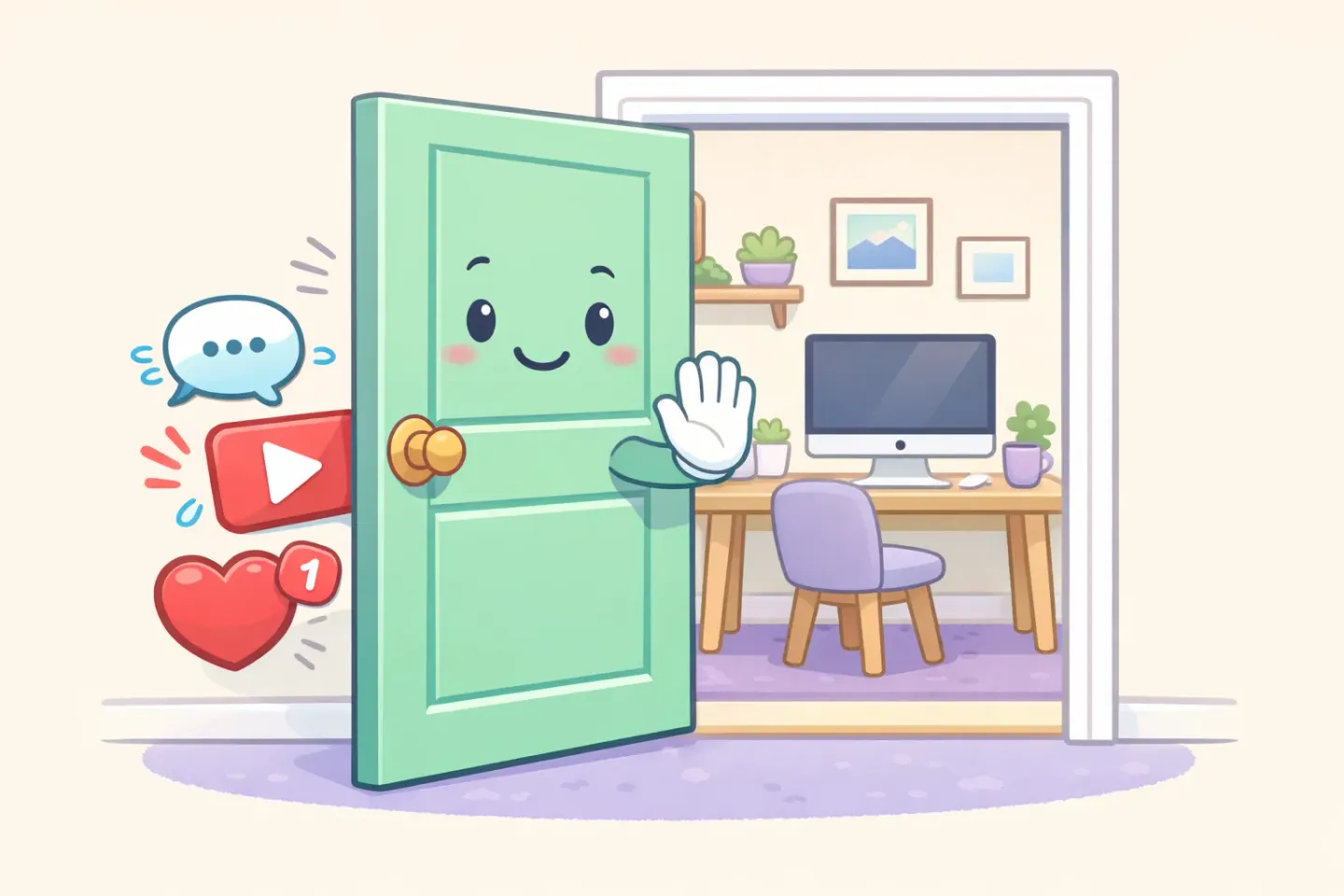 Illustration of a Mac desktop with distraction icons being blocked at a doorway, leaving a clean writing surface