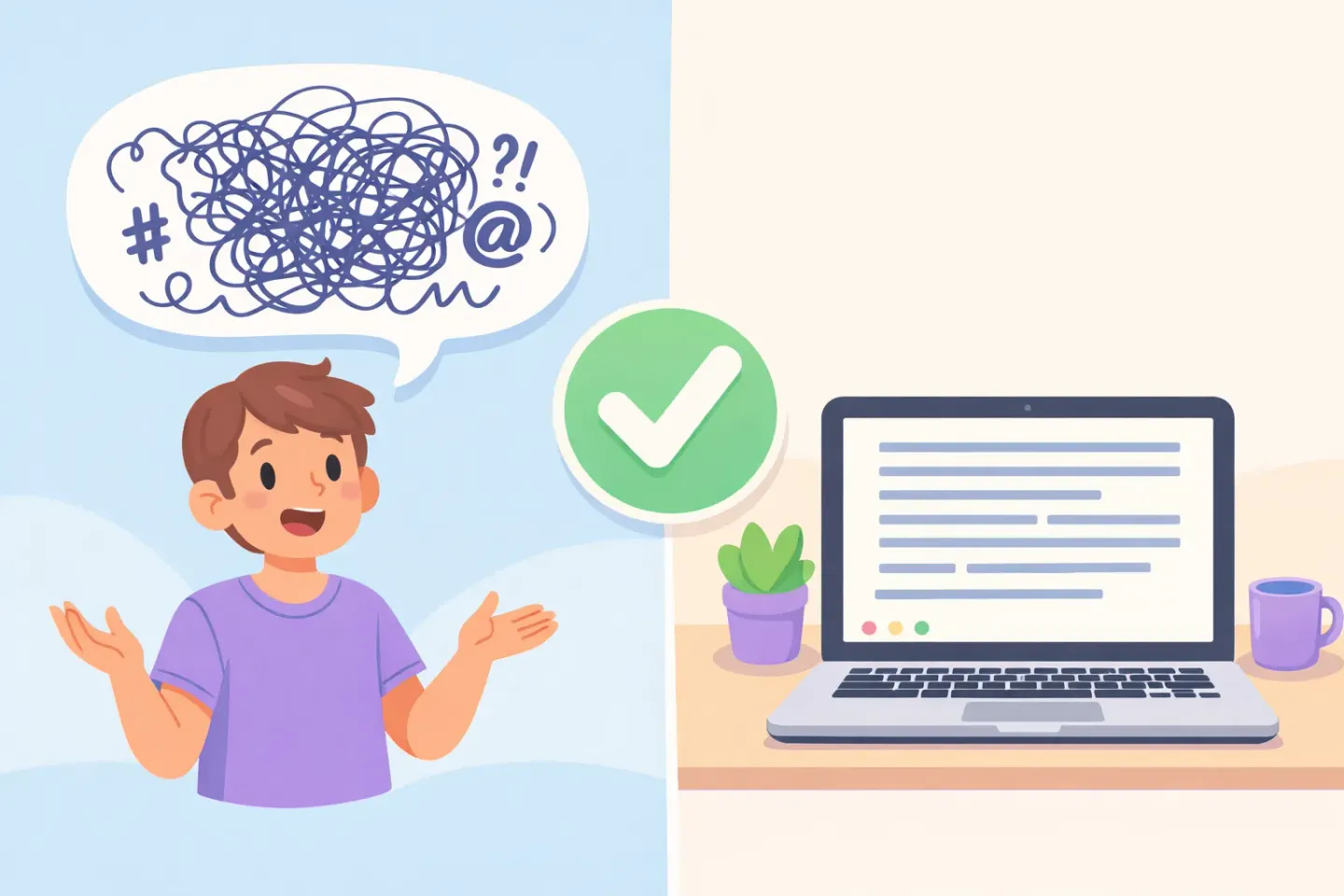 Illustration of a person speaking into a Mac with messy speech bubbles becoming clean polished text in the clipboard