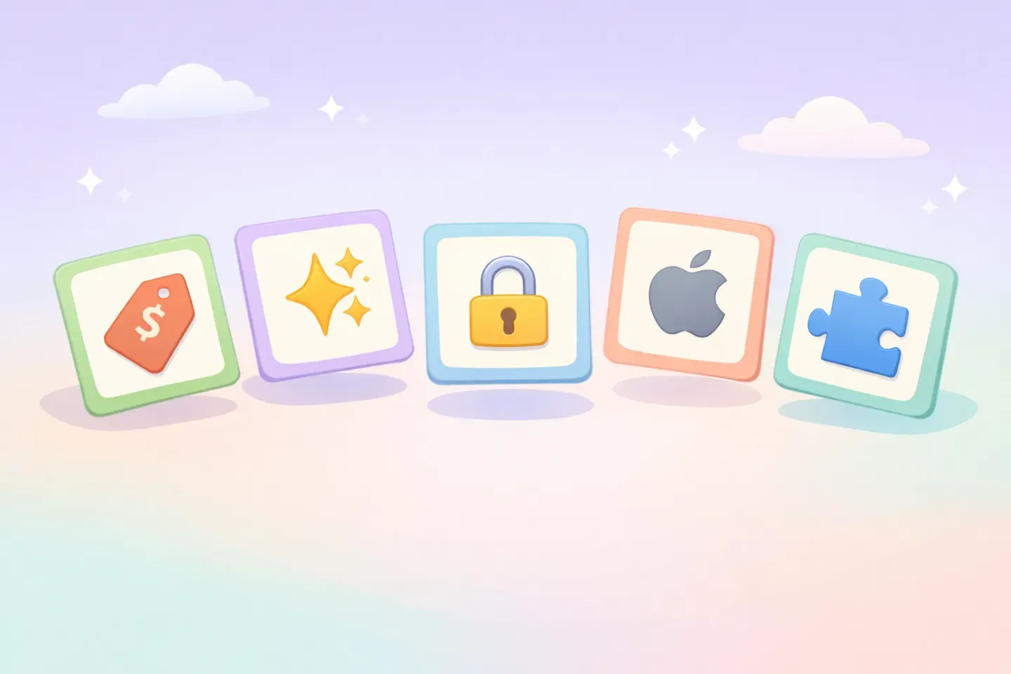 Five criteria for picking a voice-to-text app shown as floating cards: price, polish, privacy, platform, and fit
