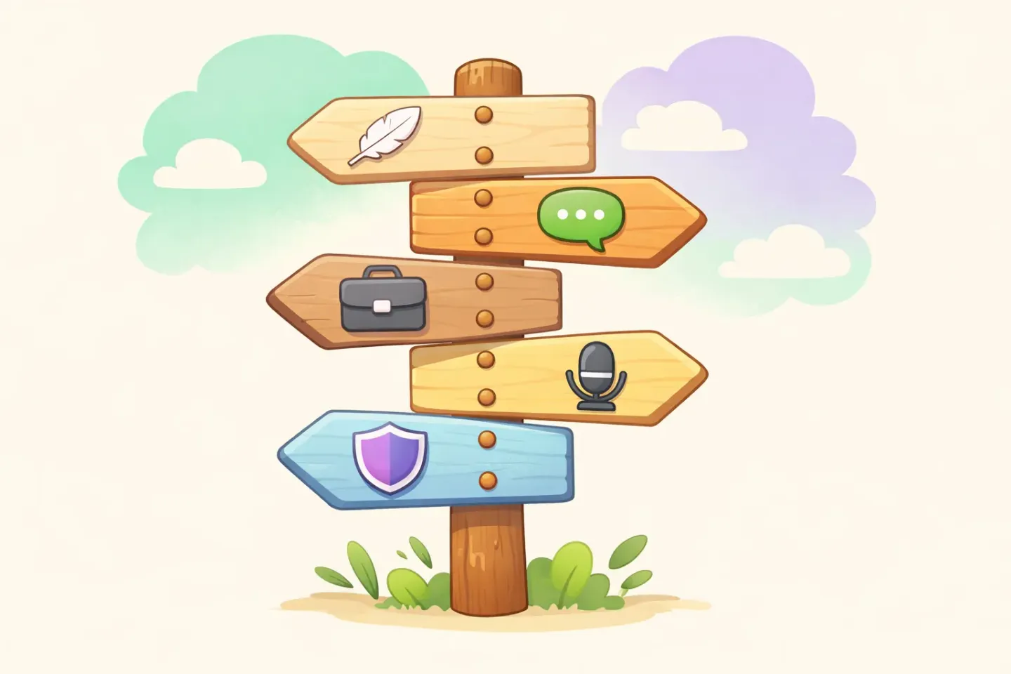 Signpost with multiple wooden arrows pointing in different directions, each labeled with an icon representing a different voice-to-text use case