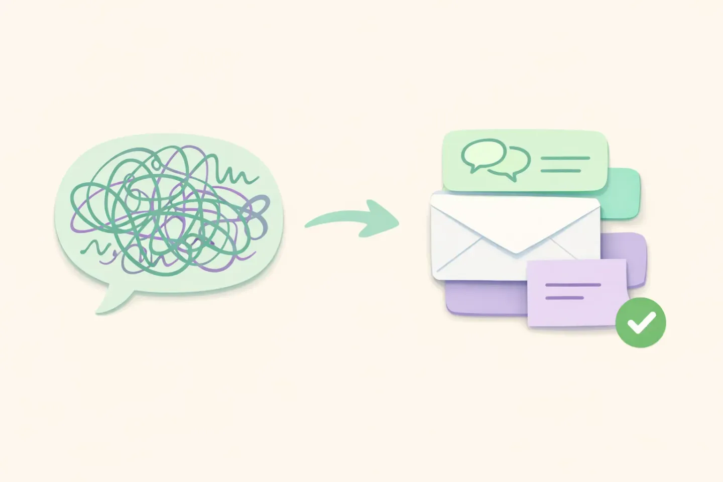 A single messy voice transcript on the left branching into three clean messages on the right: a casual Slack note, a formal email, and a short ticket comment