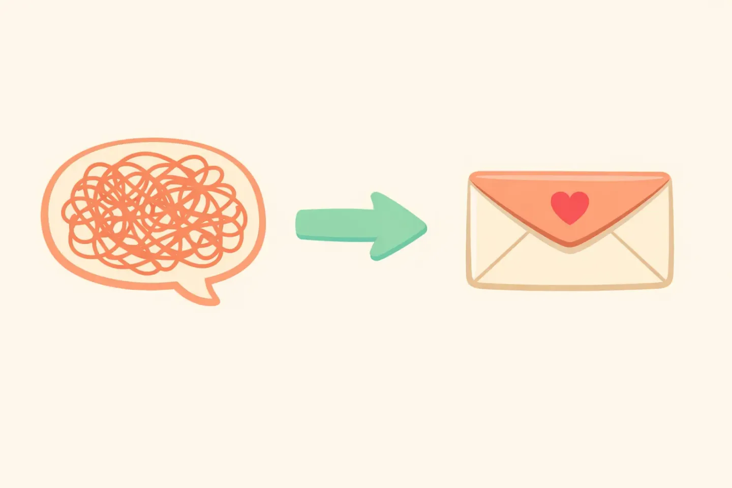 Messy speech bubble with squiggle lines transforming into a clean polished email envelope
