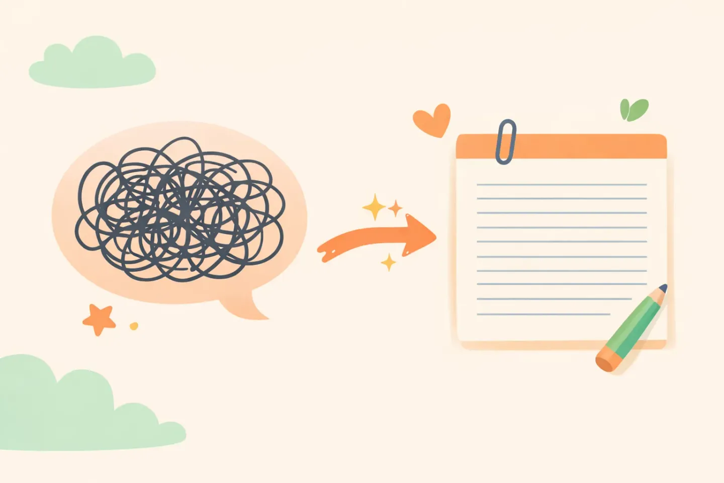 Side-by-side illustration of a tangled raw speech bubble next to a clean polished paragraph