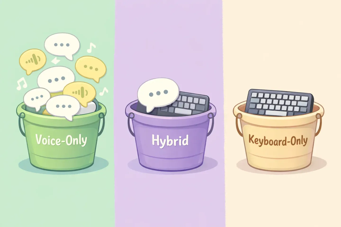 Three labeled buckets showing how to sort writing tasks into voice-only, hybrid, and keyboard-only categories