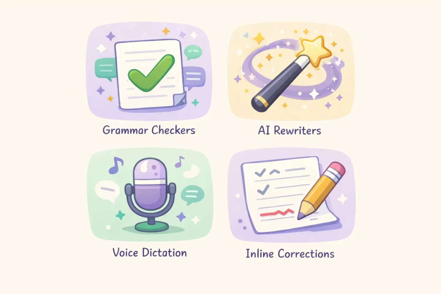 Four tool categories for non-native English writers shown as floating panels: grammar checkers, AI rewriters, voice dictation, and inline corrections