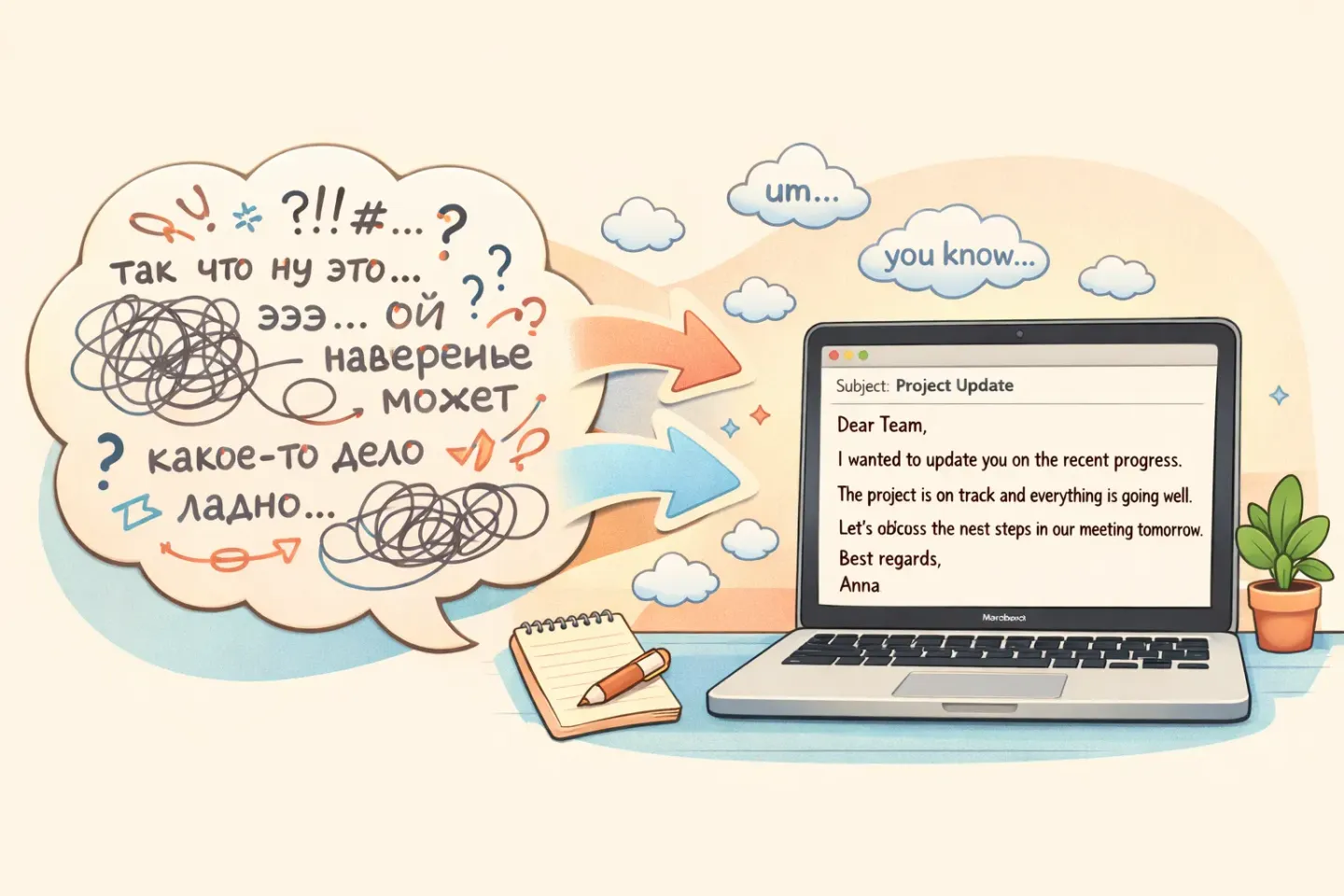 A speech bubble with native-language thoughts transforming into clean English text on a Mac screen, with filler words floating away