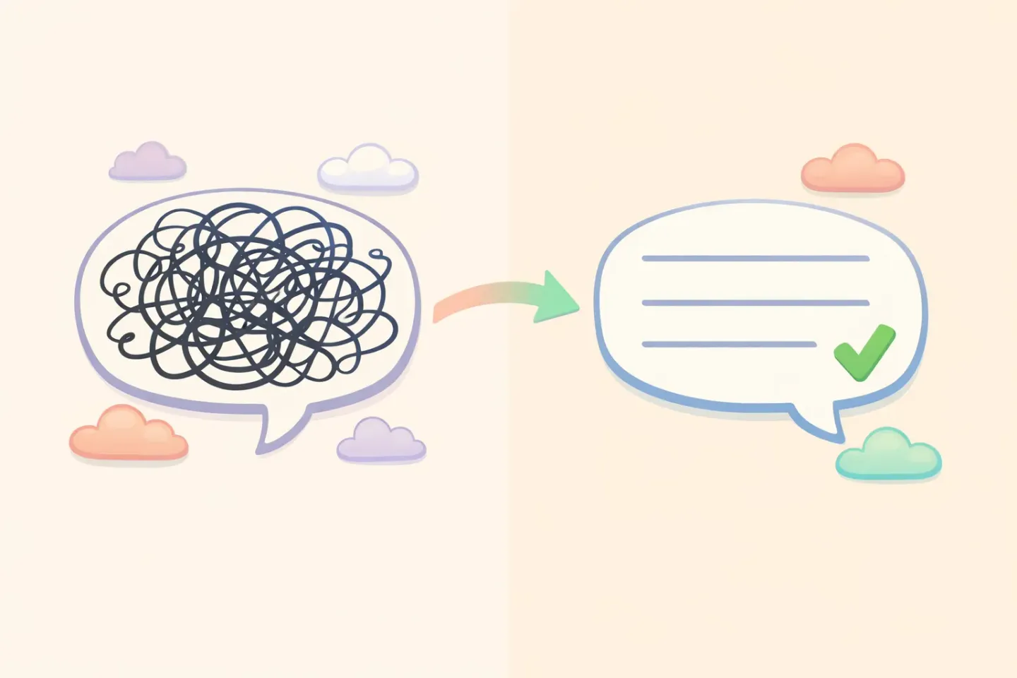 Side-by-side comparison of a messy raw voice transcript full of filler words on the left and a clean polished message on the right