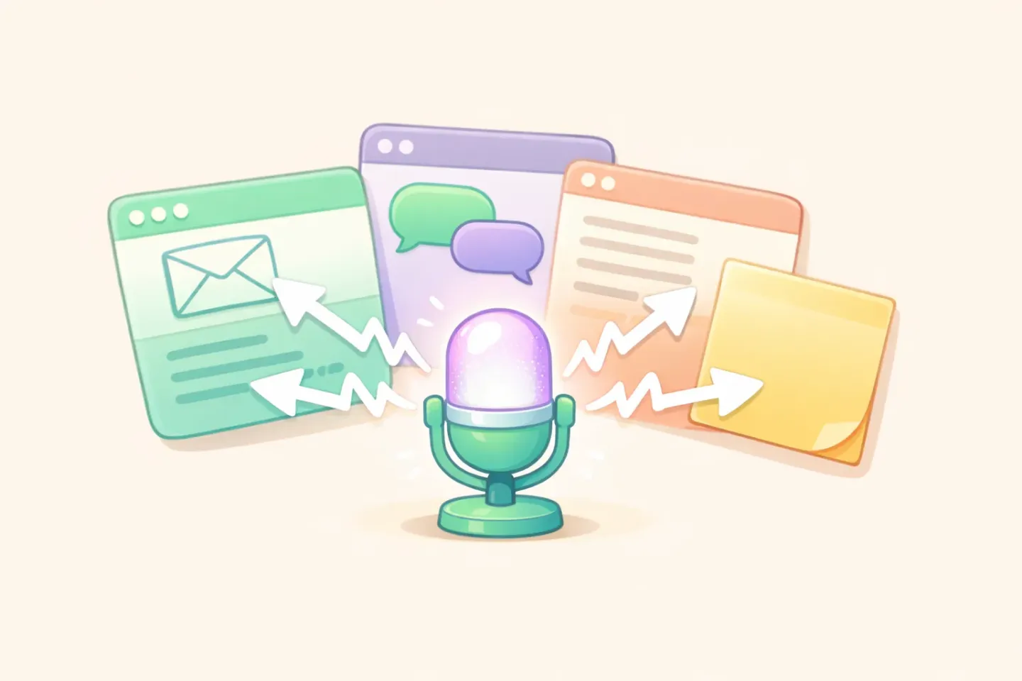 Four Mac app windows arranged around a single microphone, each app receiving voice input with its own writing style