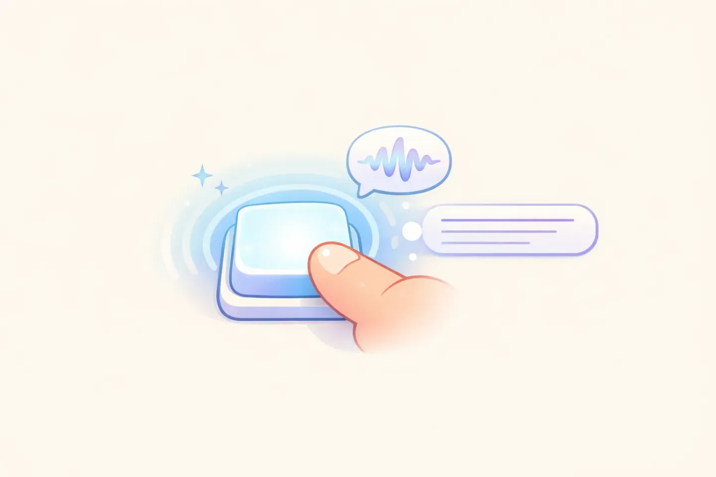 Close-up illustration of a finger pressing a glowing keyboard key with a sound wave turning into a clean line of text