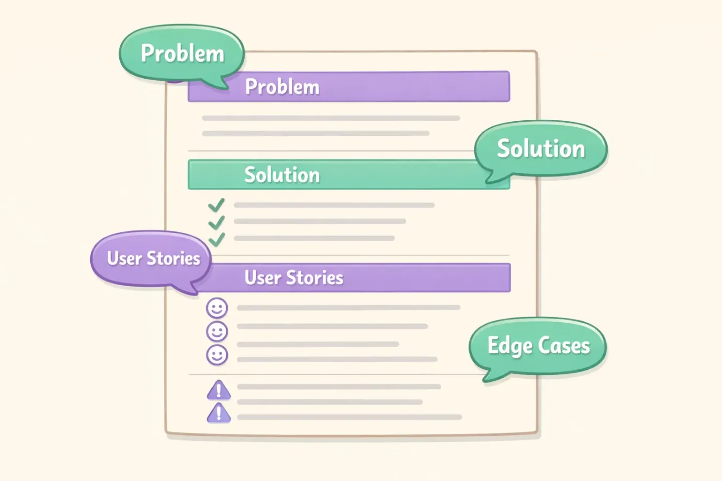 A PRD document split into labeled sections with speech bubbles pointing to each part, showing how a product manager dictates problem statement, user stories, and edge cases