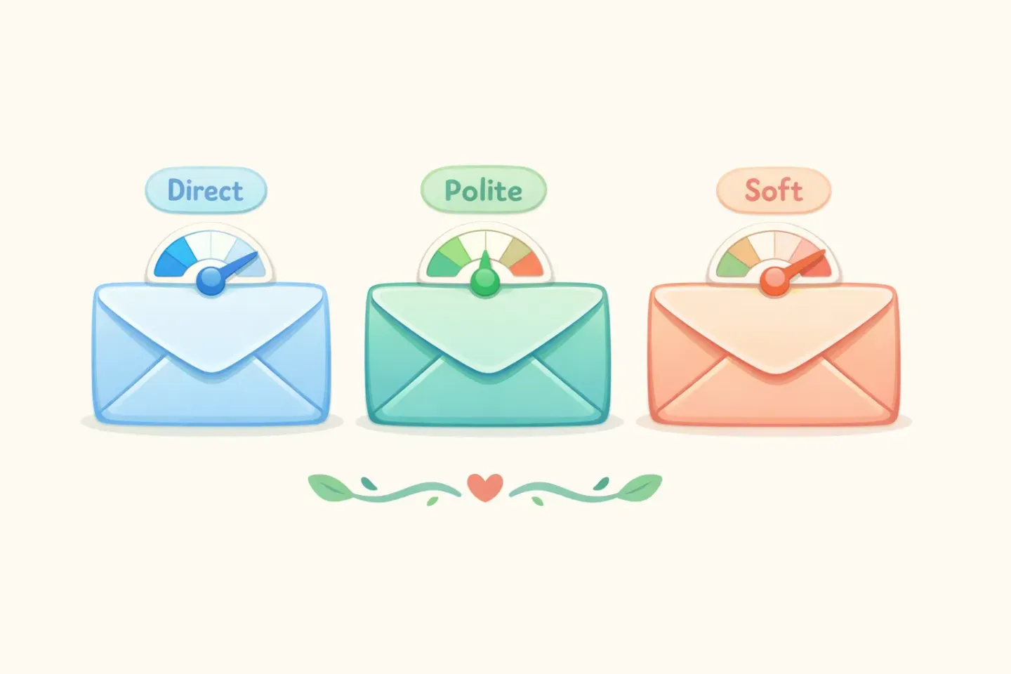 Three email envelopes showing the same message in three tones — direct, polite, and soft