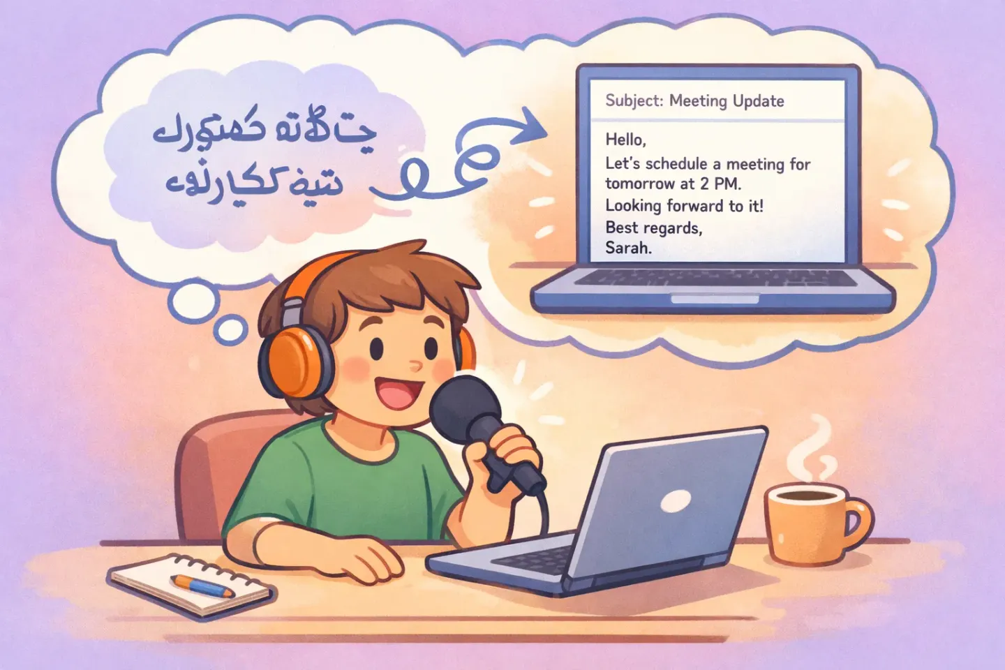 A person speaking into a microphone with their native-language thought transforming into a clean English email on a laptop