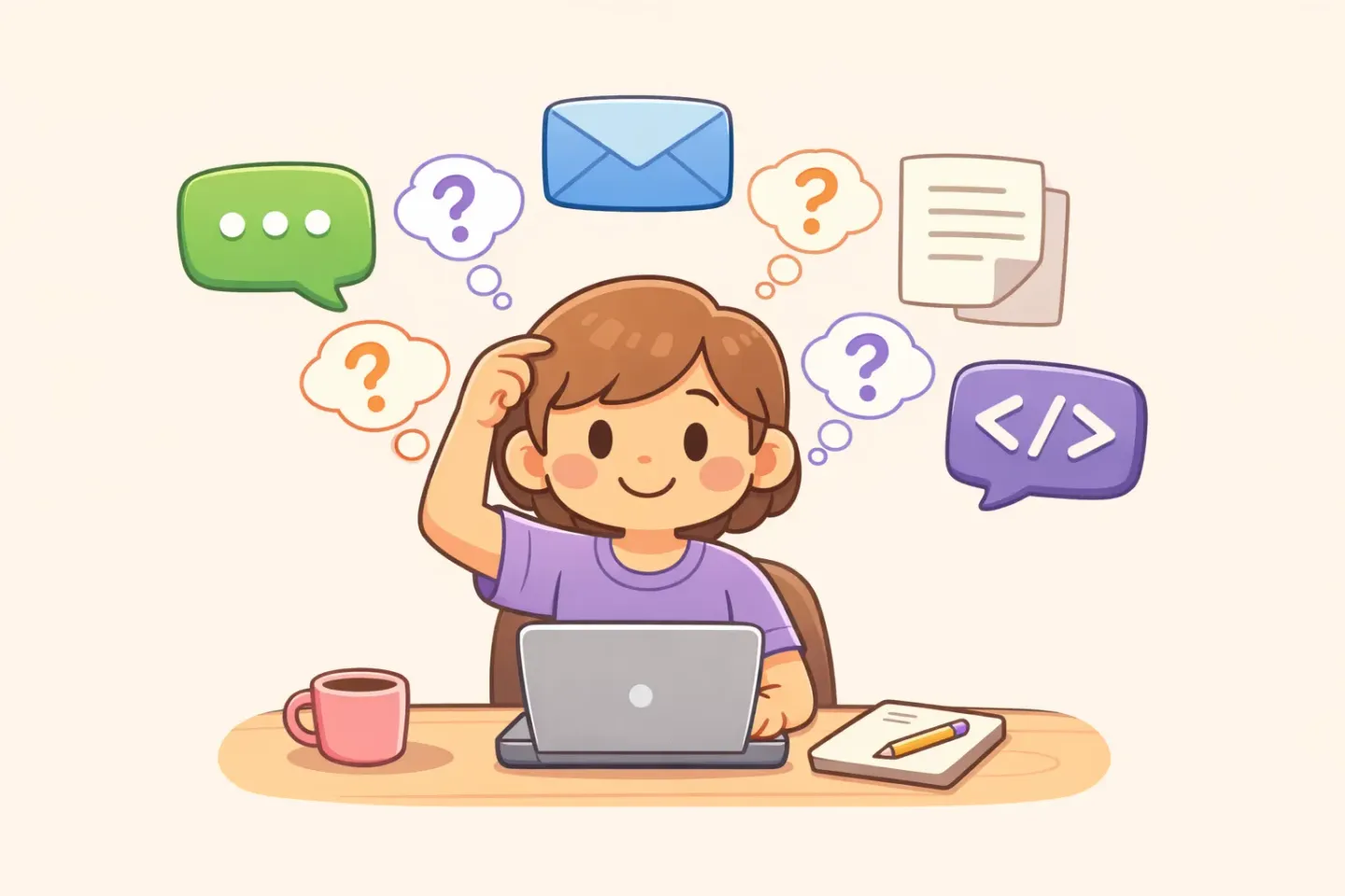 Illustration of a person surrounded by floating app icons with different writing styles, showing the cognitive load of switching tone across apps