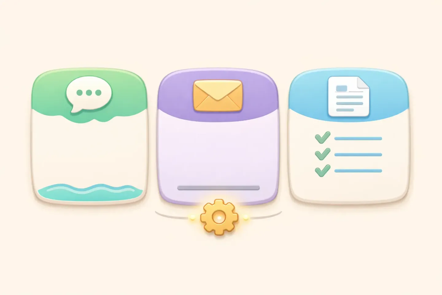 Three side-by-side cards showing different app icons with matching writing style labels: casual for chat, formal for email, structured for documents