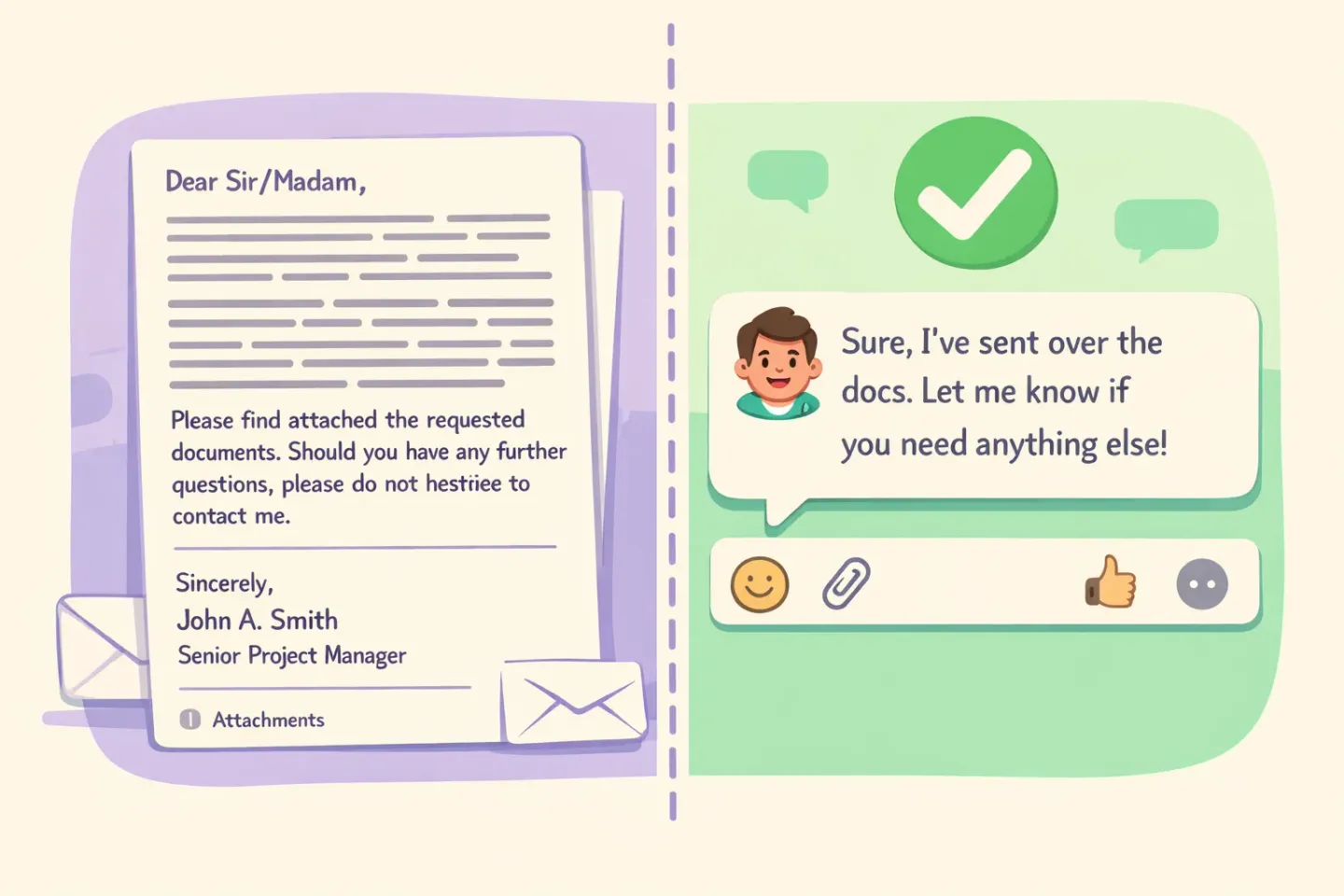 Before and after comparison showing a stiff formal email rewritten as a short natural Slack-style message