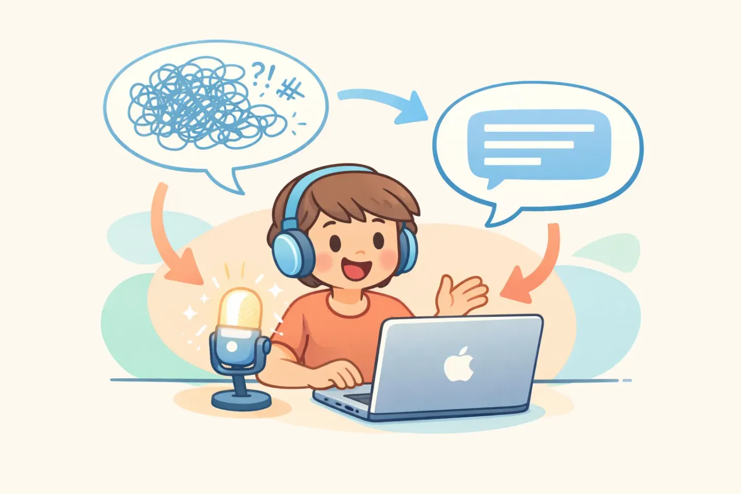 Illustration of a person speaking into a Mac with a polished text bubble appearing on screen, showing the speak-then-polish workflow