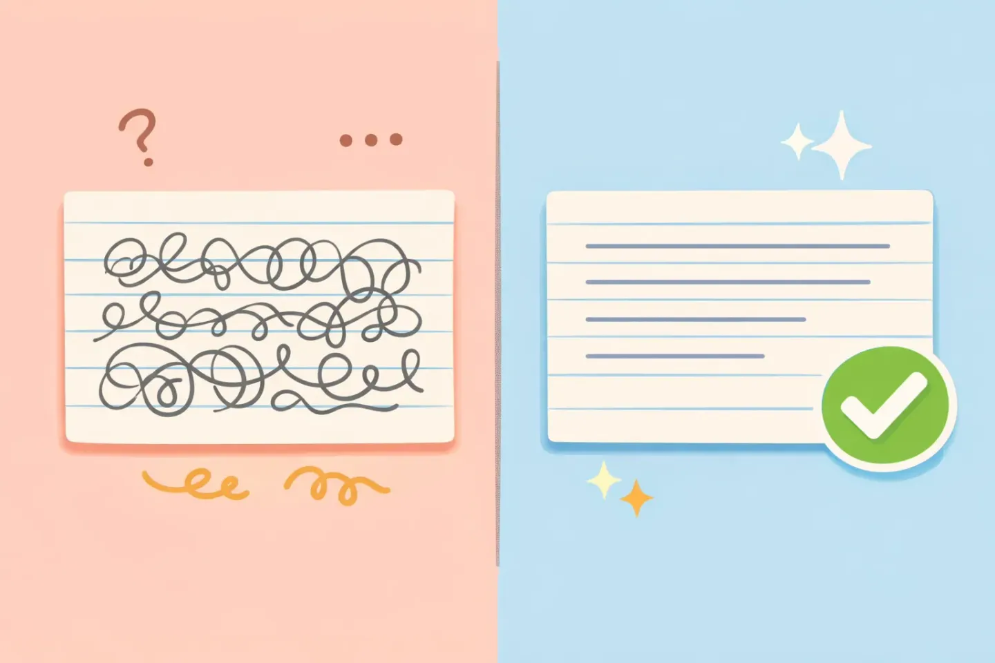 Side-by-side comparison of a messy raw transcript full of filler words on the left and a clean polished message on the right, with a green checkmark