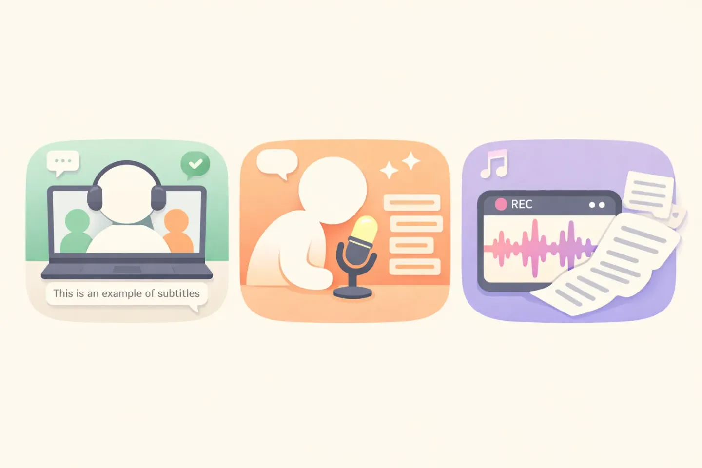 Comparison of three real-time speech translation workflows on Mac: live captions for meetings, dictation for writing, and file transcription