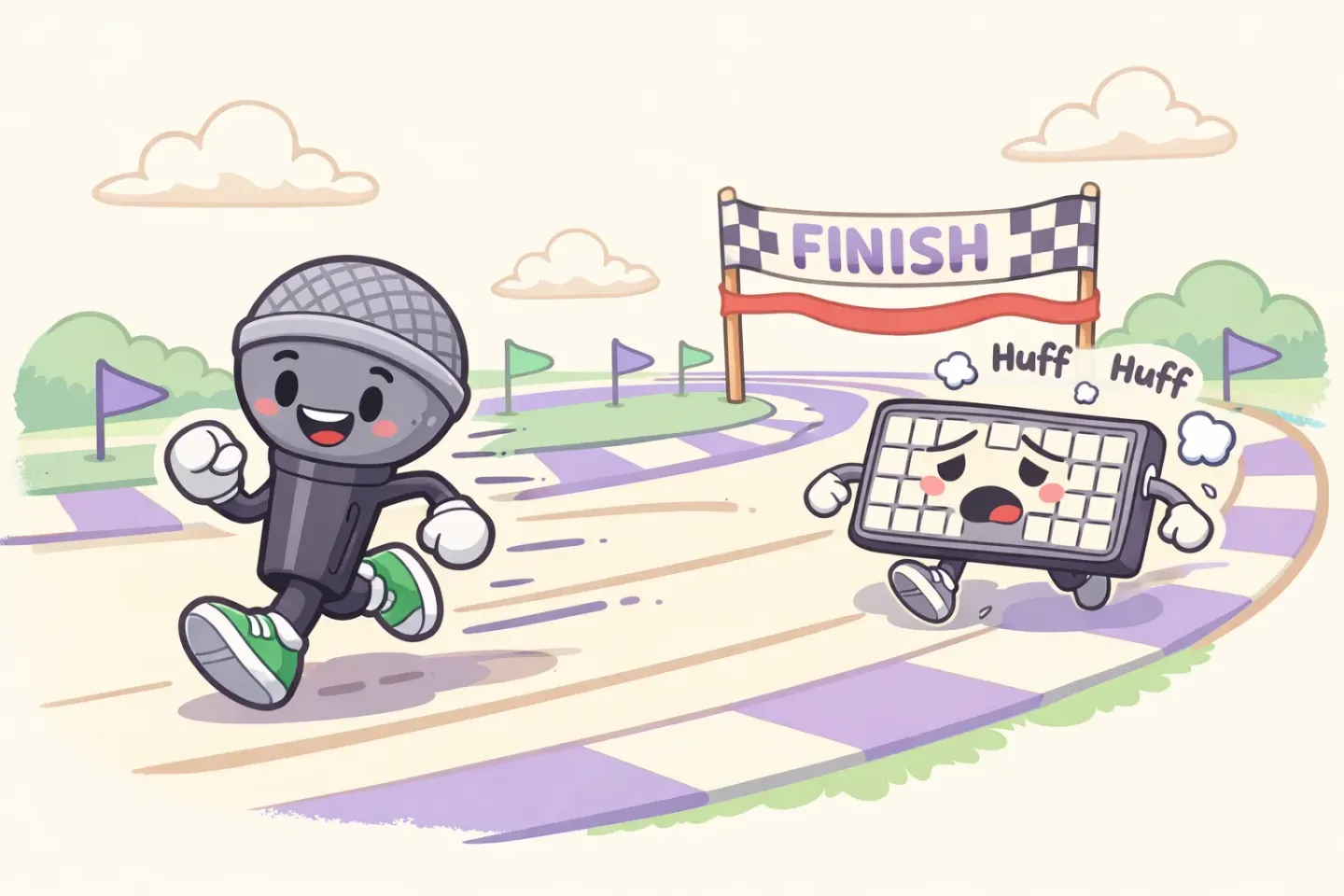 A microphone racing ahead of a keyboard on a track, illustrating the speed gap between speaking and typing