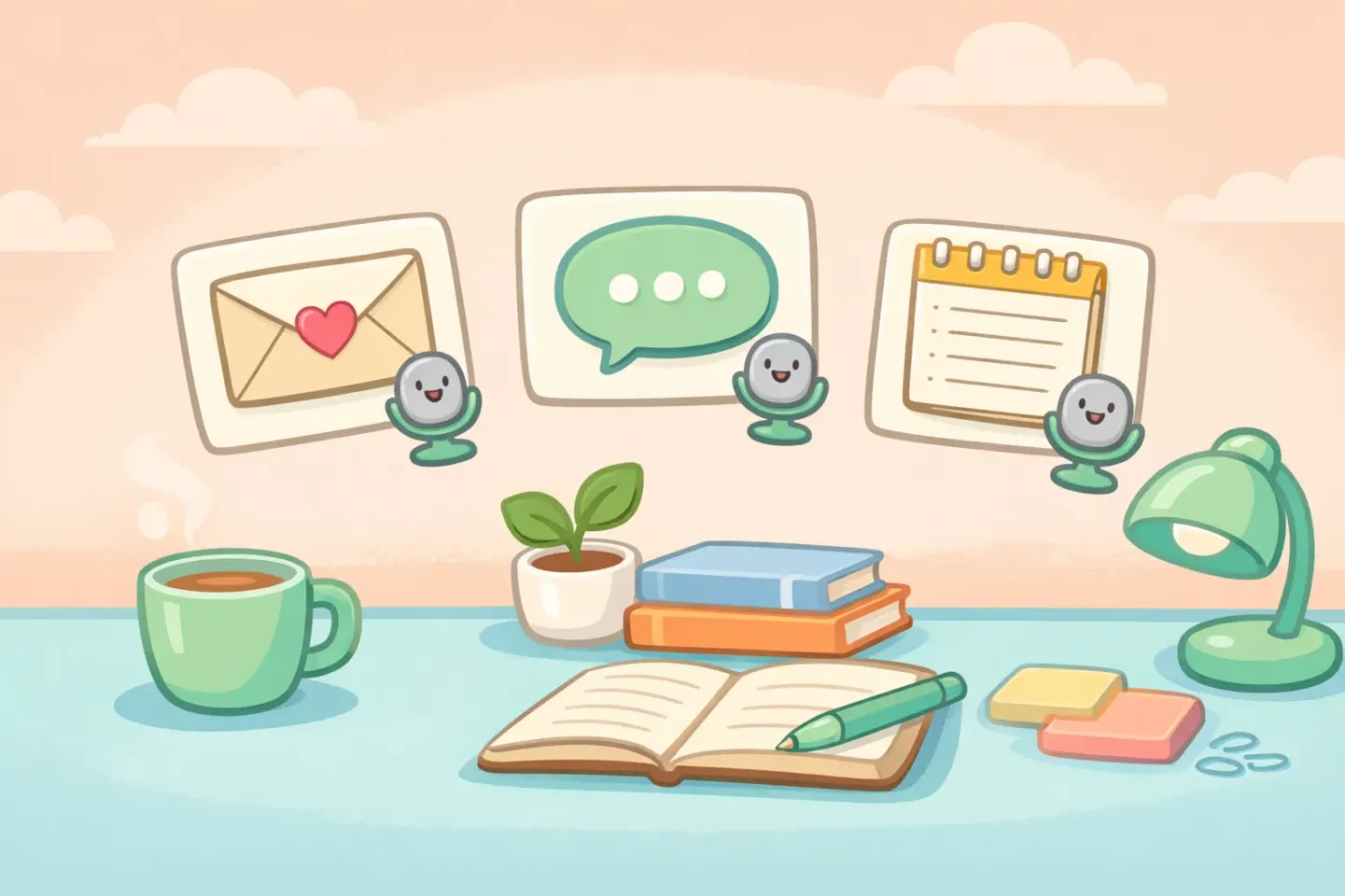 Three cards floating above a desk — an email, a chat bubble, and a notepad — each with a small microphone next to it