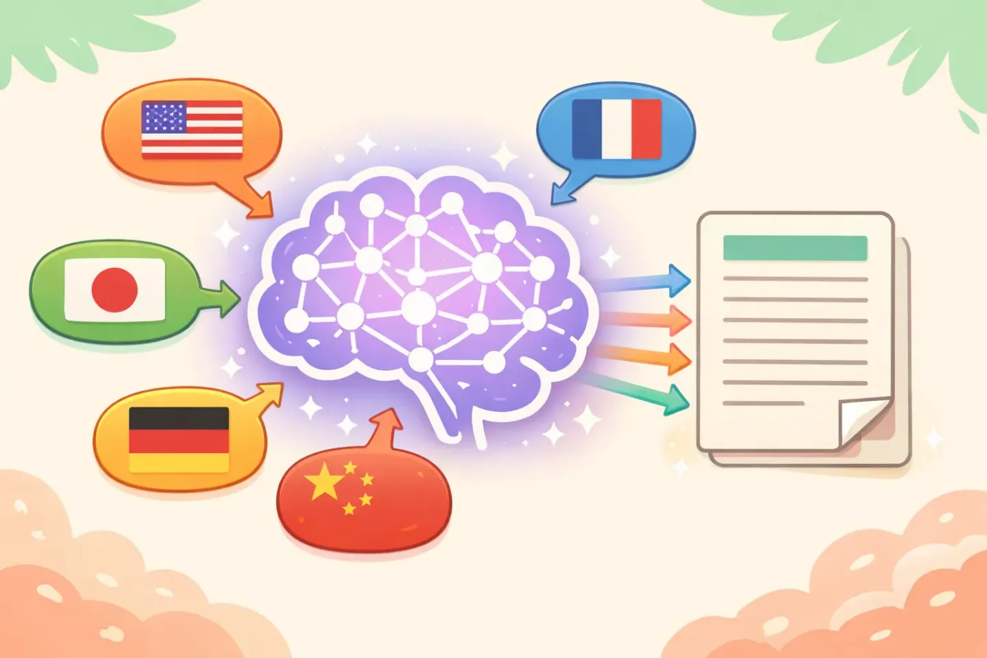 Illustration of speech in different languages flowing into one transcription model and emerging as polished text