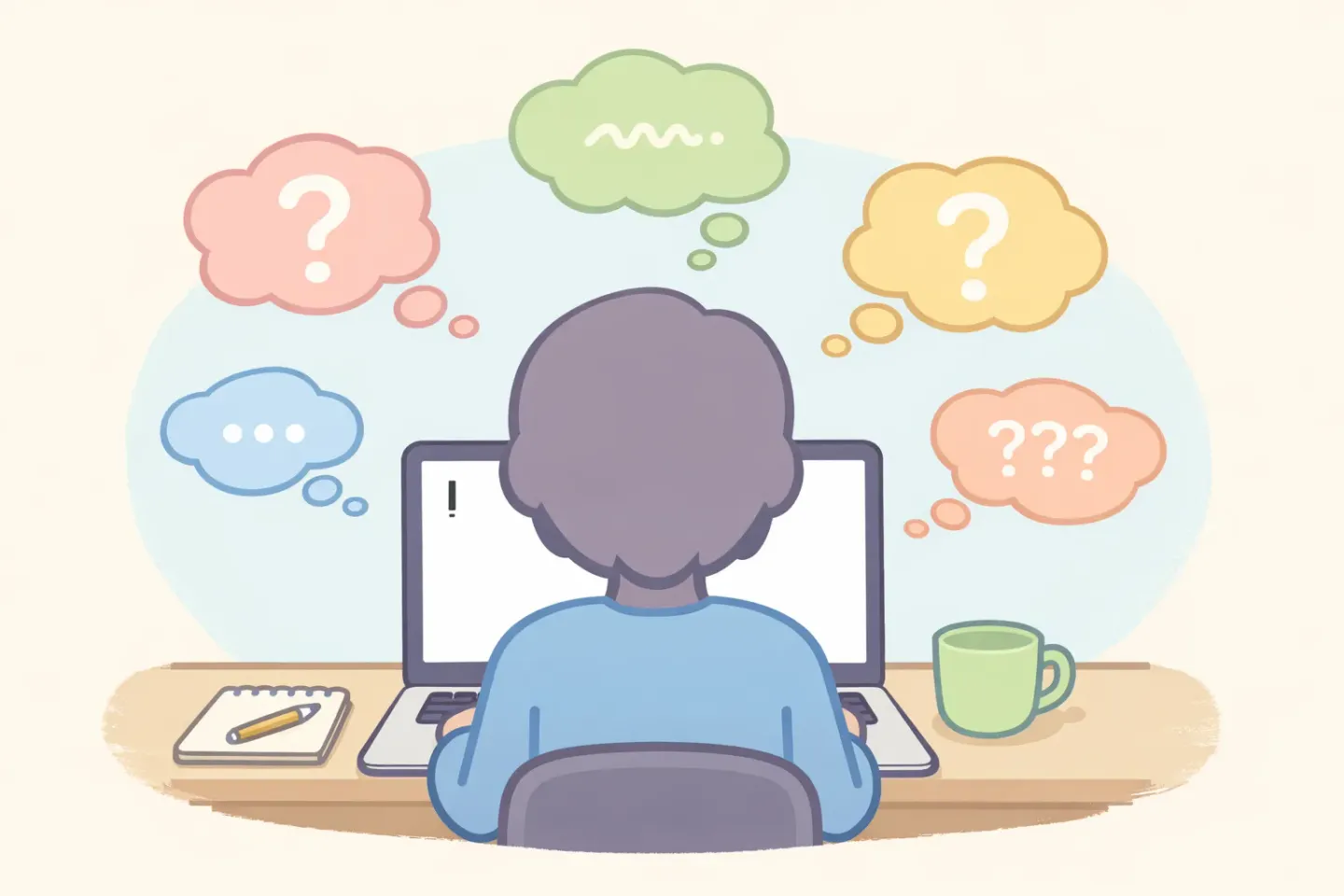 Illustration showing a person at a laptop with a frozen cursor on screen and floating thought bubbles in different languages