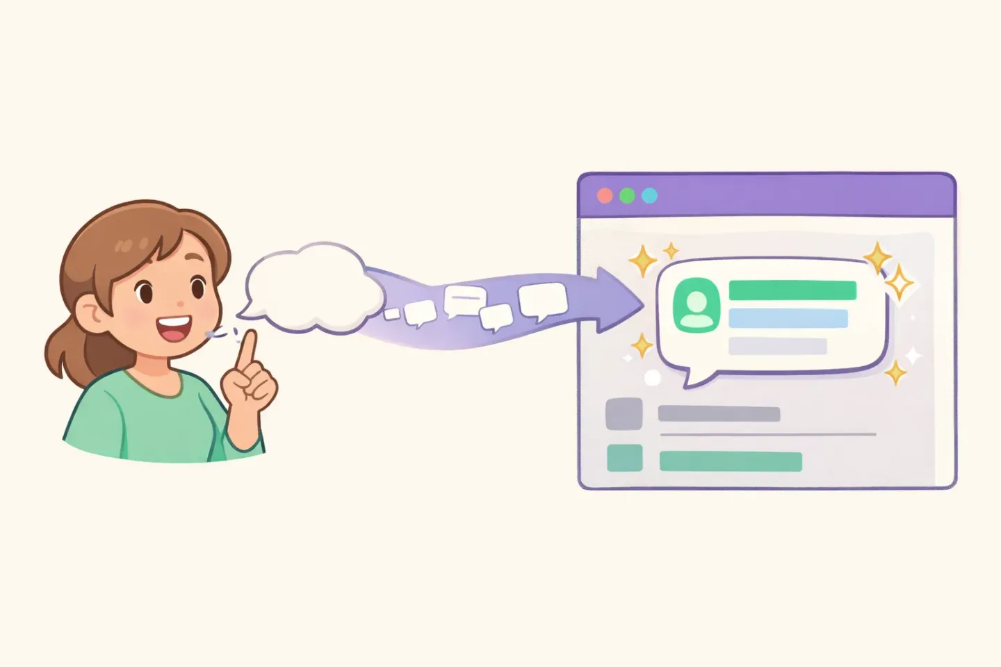 Illustration of a confident speech bubble flowing from a person and landing as a polished message inside an app window