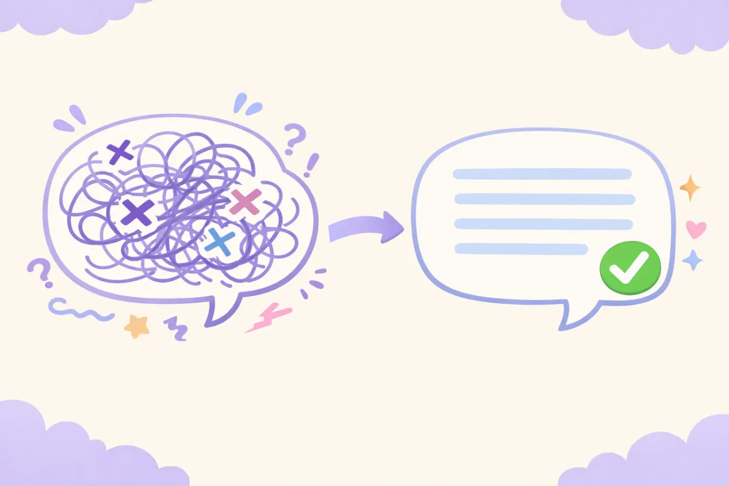 A messy tangled speech bubble on the left turning into a tidy clean paragraph with a green checkmark on the right