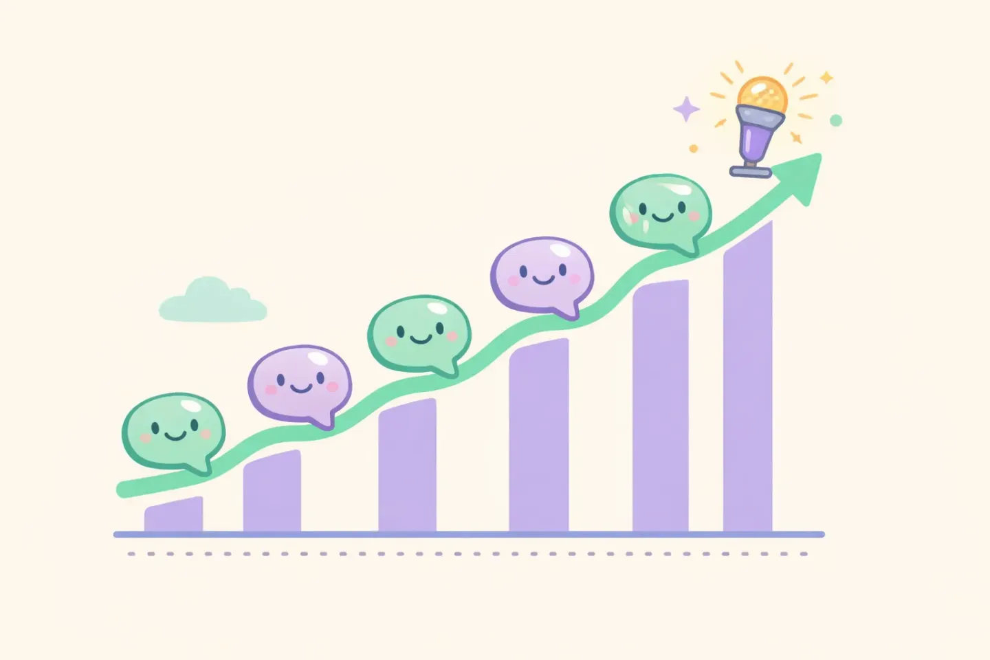 A rising line chart made of small speech bubbles showing voice input adoption climbing over time