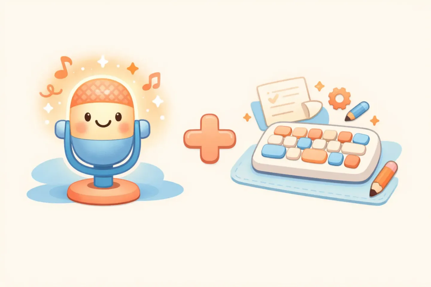 A friendly split scene showing a microphone for speaking and a keyboard for editing, working side by side