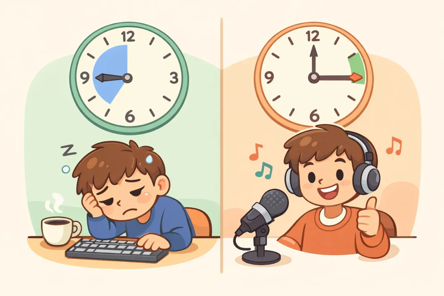 Side-by-side comparison of typing for 45 minutes versus speaking the same content in 14 minutes