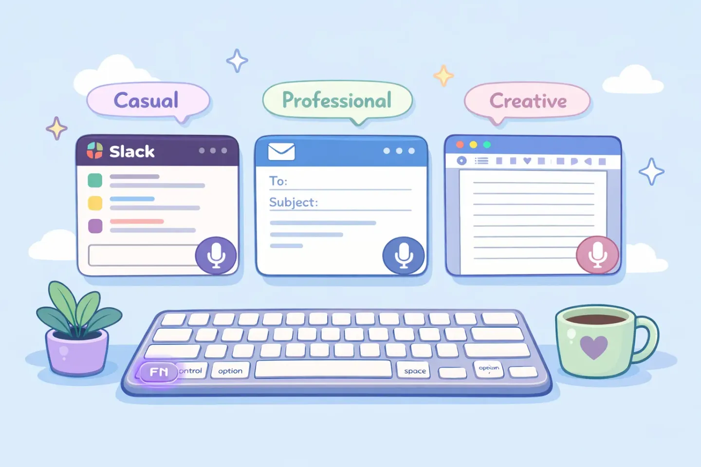 Three app windows (Slack, email, document) each with a microphone icon and a different writing tone label