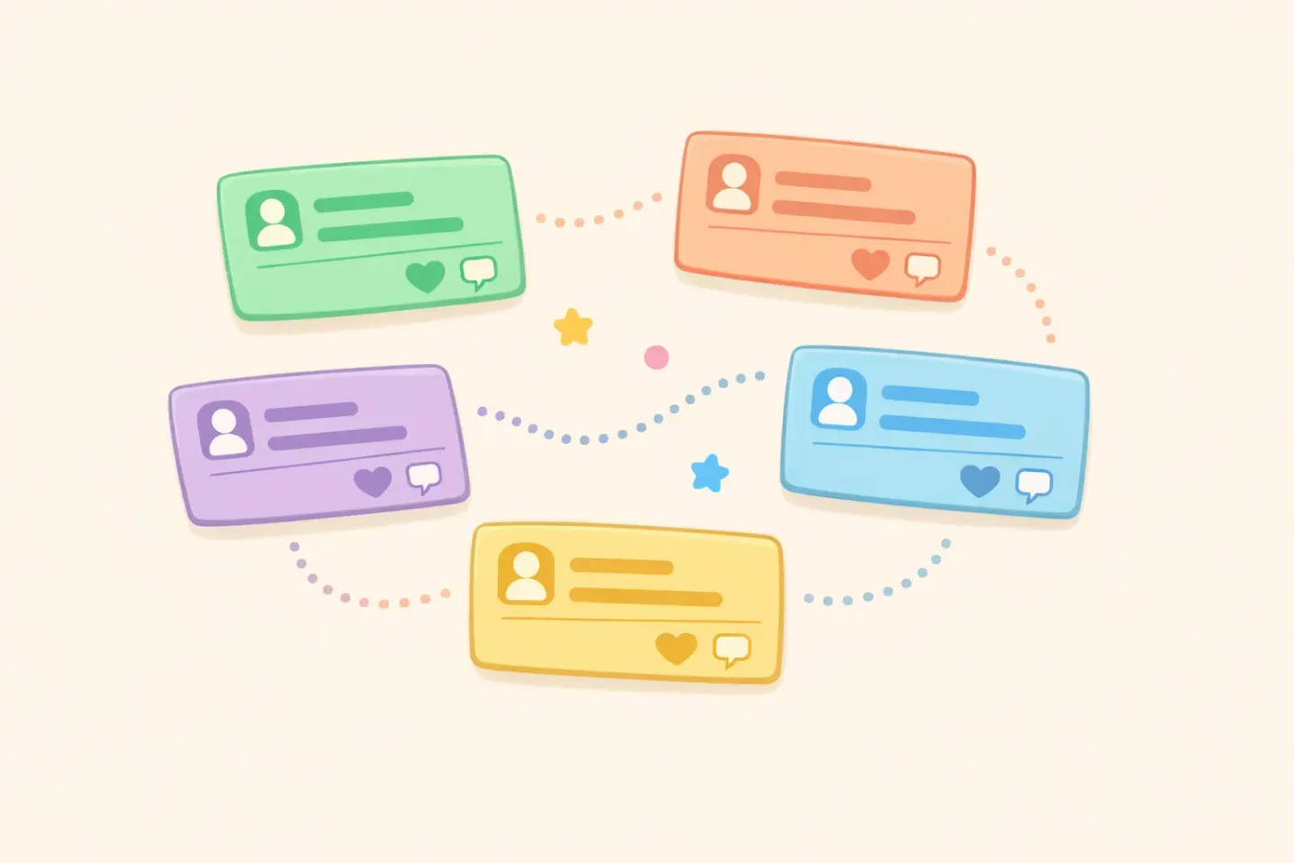 A set of color-coded Slack message templates floating like sticky notes