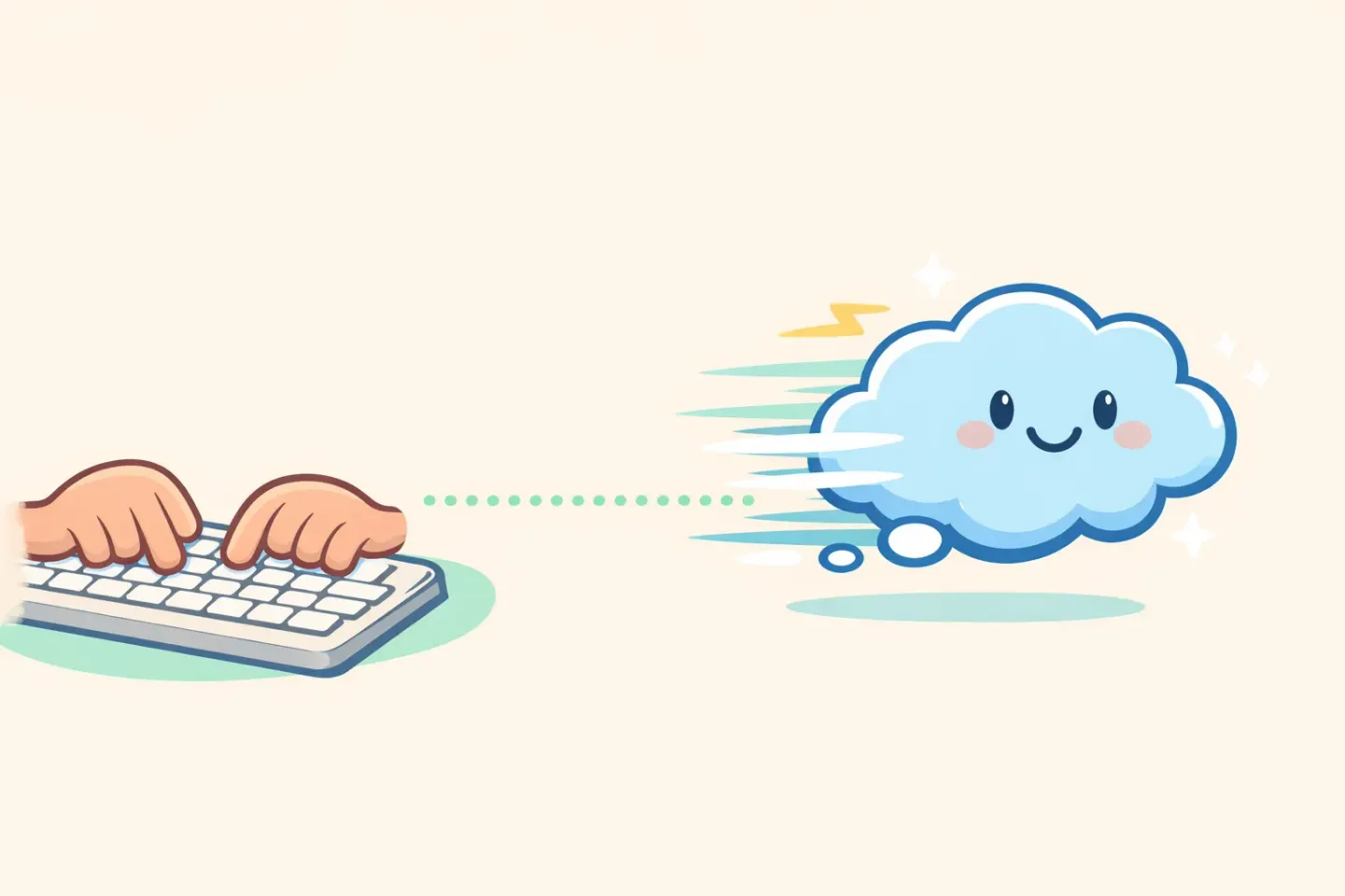 Illustration of a thought bubble racing ahead while slower fingers type at a keyboard, showing the speed gap between thinking and typing