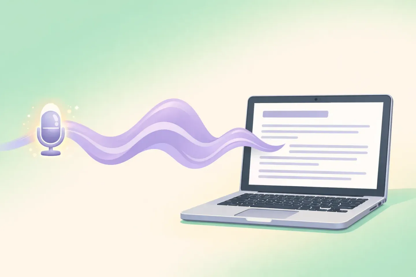 Illustration of a calm voice waveform flowing smoothly into clean, finished text on a Mac screen
