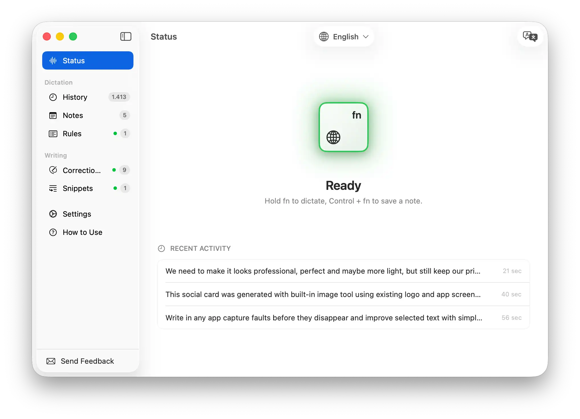 Voicr desktop app showing local dictation, notes, and writing tools in light mode